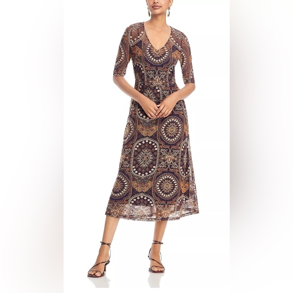 New Johnny Was Embroidered Mesh Mandala Midi Dress Sz S